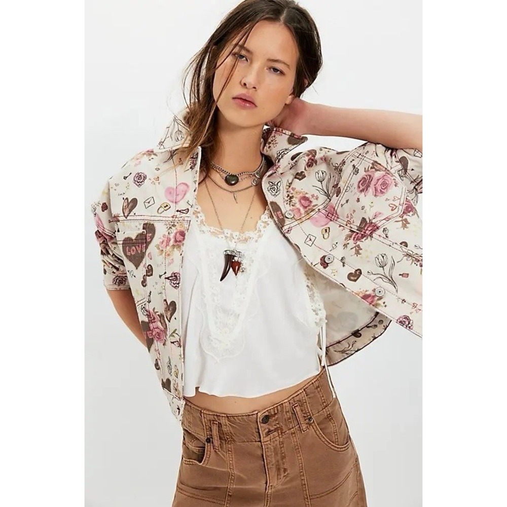 Free People We The Free Opal Swing Printed Denim Jacket Mauve Pink XS NWT $148